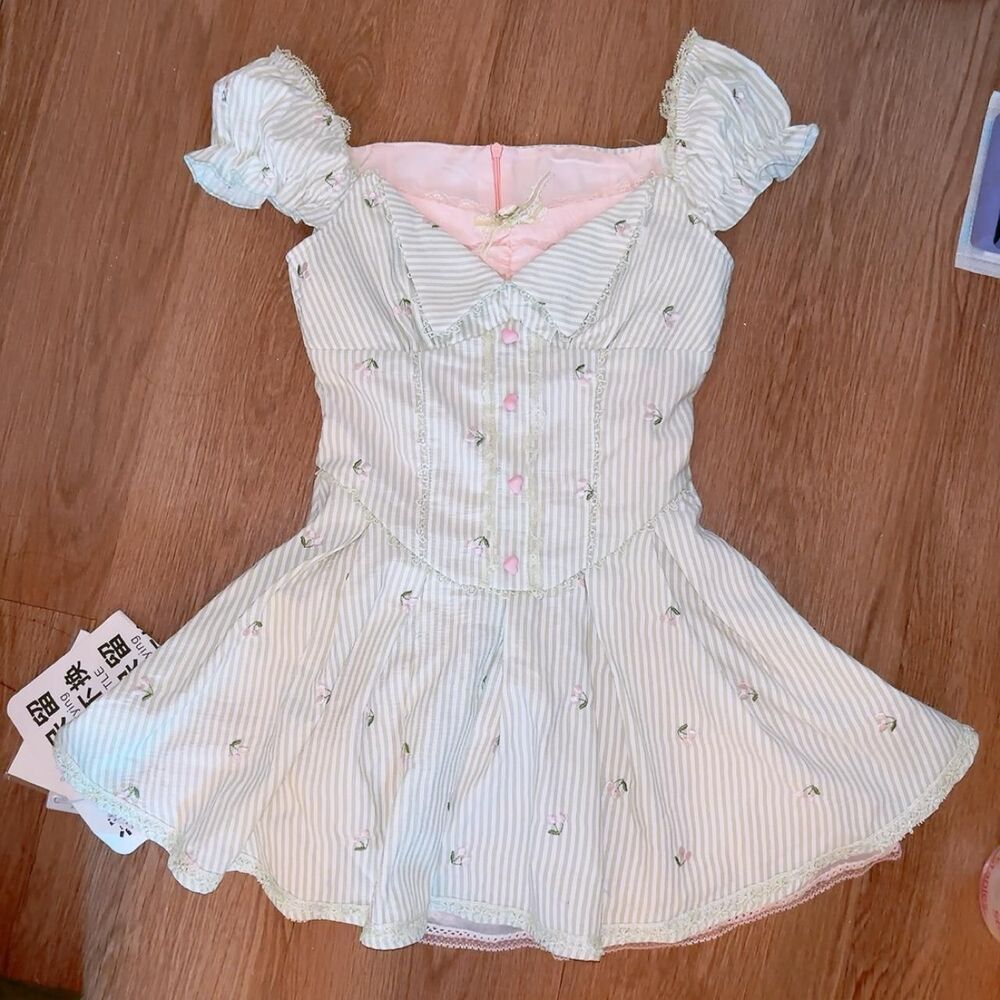 zyzv pastel green and white striped dress with pink lace trim and button details